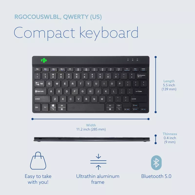 R-Go Tools tastiera ergonomica R-Go Compact Break, tastiera compatta con software per pause, QWERTY (US), Bluetooth, nero