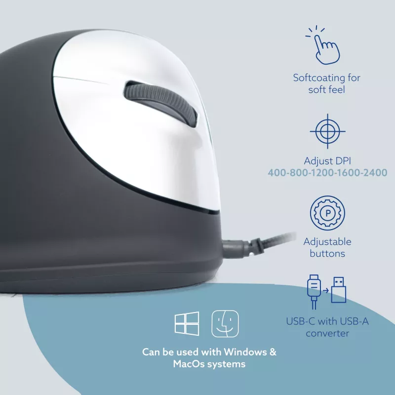 R-Go Tools mouse ergonomico R-Go HE Break con software per pause, grande (misura mano ≥ 185 mm), per destrimani, con filo, nero