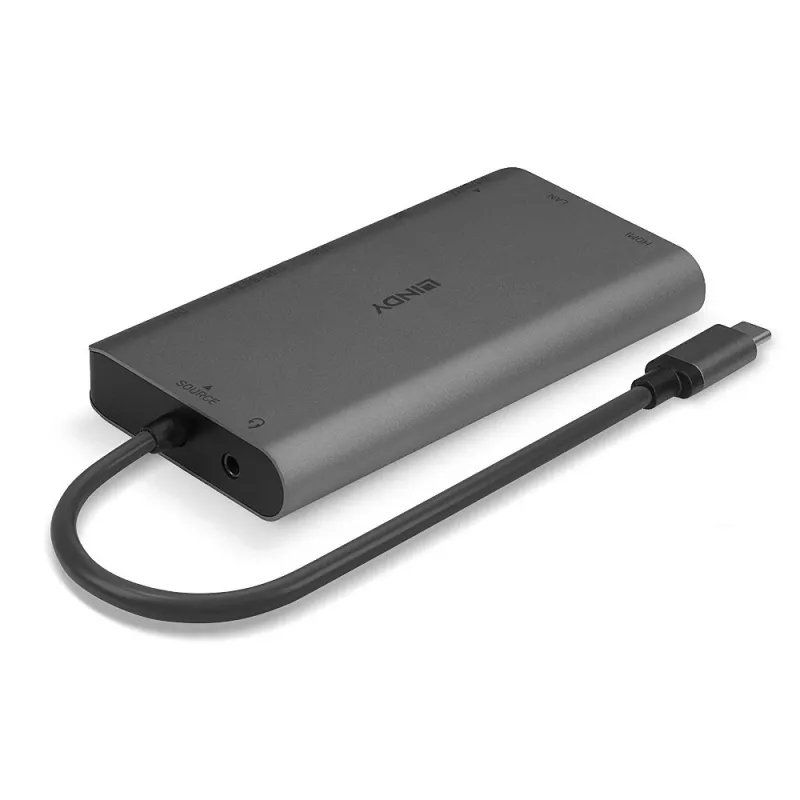 Lindy DST-Mini XT, docking station mini per laptop USB-C con schermo singolo (4K) o doppio schermo (Full HD) e ricarica passante 100W