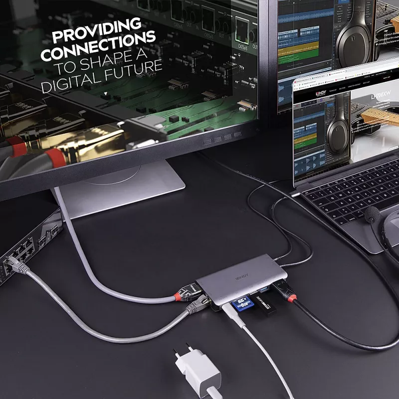 Lindy DST-Mini XT, docking station mini per laptop USB-C con schermo singolo (4K) o doppio schermo (Full HD) e ricarica passante 100W