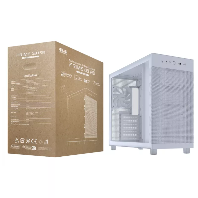 ASUS PRIME AP303 TG 90DC00V3-B39010 telaio PC Midi Tower, ATX/Micro-ATX, vetro temperato, 2x USB 3.2, senza alimentatore, bianco