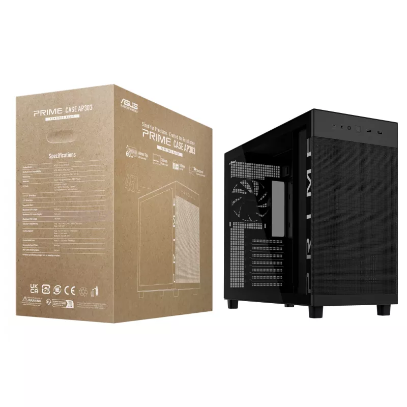 ASUS PRIME AP303 TG 90DC00V0-B39010 telaio PC Midi Tower, ATX/Micro-ATX/Mini-ITX, vetro temperato, 2x USB 3.2, senza alimentatore, nero