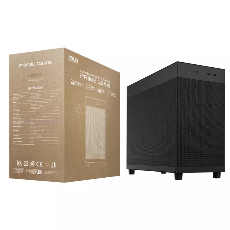 Case PC ASUS Prime AP303 Mesh Midi Tower — ATX, supporta GPU 36 cm, dissipatore CPU 165 mm, USB-A 2×, USB-C 1