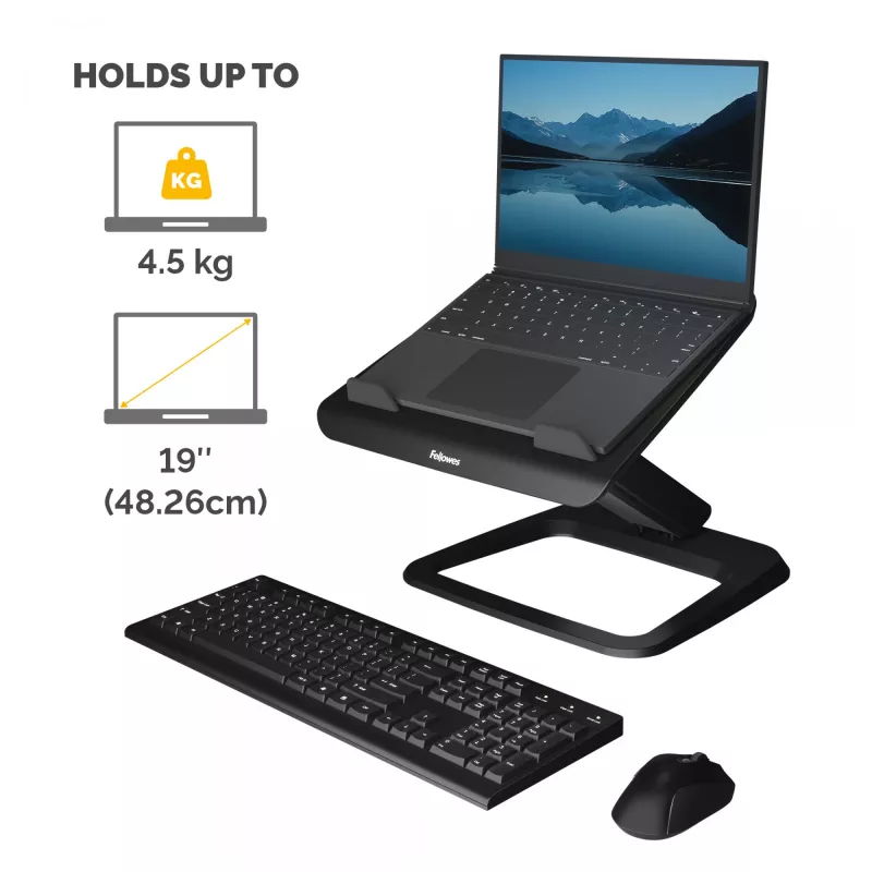 Fellowes supporto per laptop da scrivania – Hana LT supporto per laptop per casa e ufficio – supporto per laptop regolabile con 3 altezze – dimensione max. schermo 19 inch, peso max. 4,5 kg – nero