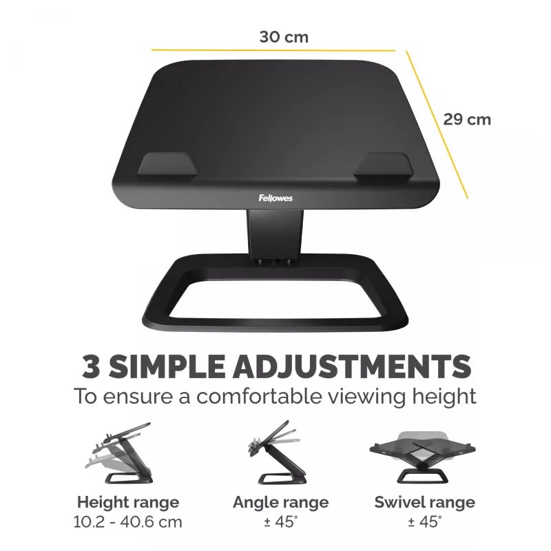 Fellowes supporto per laptop da scrivania – Hana LT supporto per laptop per casa e ufficio – supporto per laptop regolabile con 3 altezze – dimensione max. schermo 19 inch, peso max. 4,5 kg – nero