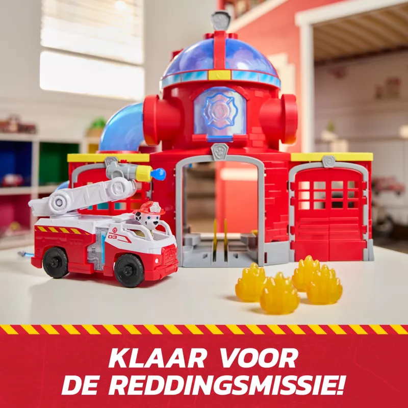 PAW Patrol Fire Rescue Command Center con figura Marshall, camion dei pompieri di soccorso, luci, lanciatore ed effetti sonori, giocattolo per bambini e bambine dai 3 anni