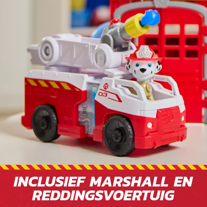 PAW Patrol Fire Rescue Command Center con figura Marshall, camion dei pompieri di soccorso, luci, lanciatore ed effetti sonori, giocattolo per bambini e bambine dai 3 anni