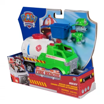 PAW Patrol Fire Rescue: Rocky Rescue Fire Tanker con action figure, braccio meccanico e camion giocattolo, giocattolo per bambini e bambine dai 3 anni