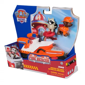 PAW Patrol Fire Rescue: Zuma Rettungs-Feuerwehrboot con action figure, salvagente a lancio, procione e barca giocattolo, giocattolo per bambini e bambine dai 3 anni