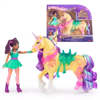 Mini set di bambole Usorteret Unicorn Academy Ava & Leaf Power of Friendship con sella traslucida e 2 accessori, 168 mm, plastica