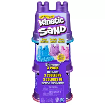 Kinetic Sand, Shimmer Sand confezione da 3 con stampi e 340g, sabbia cinetica per bambini, 4 anni, non tossica, plastica, blu, rosa, viola