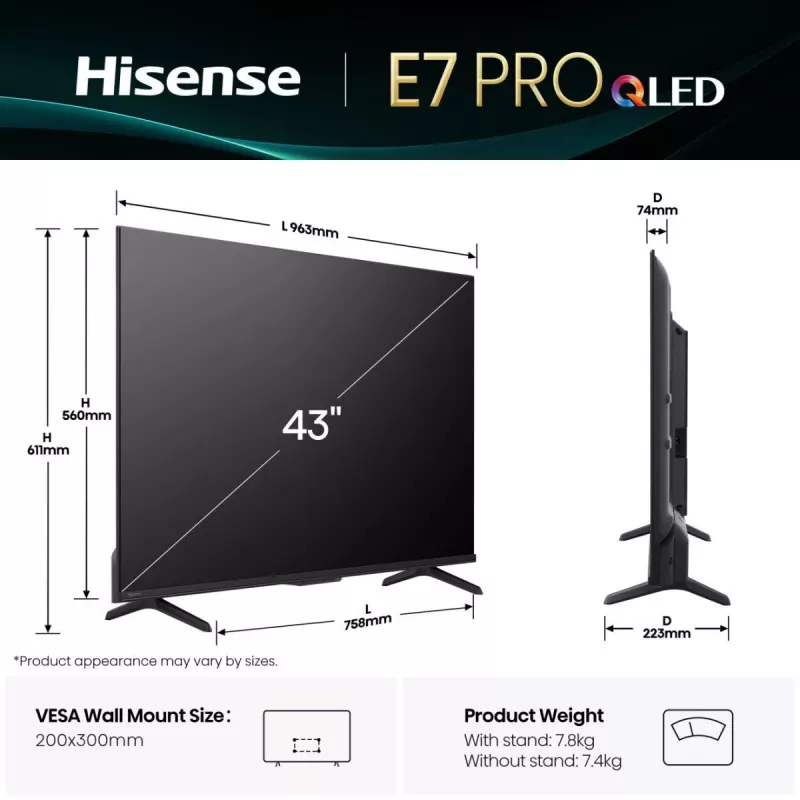 Hisense 43E77Q PRO 109,2 cm (43 pollici) 4K Ultra HD Smart TV Wi-Fi nero