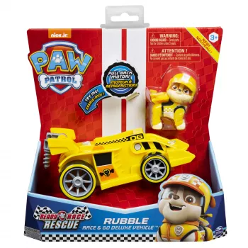 PAW Patrol , Ready, Race, Rescue Veicolo Rubble’s Race & Go Deluxe con suoni, per bambini da 3 anni