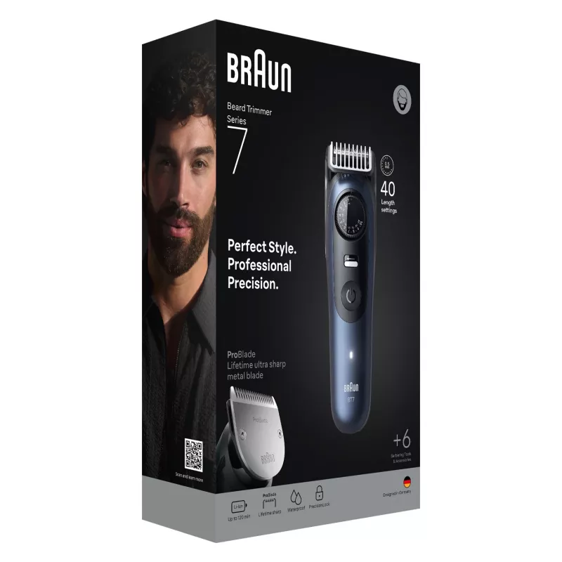 Braun BeardTrimmer 7 BT7520 batteria 40 2 cm bagnato e asciutto nero, blu