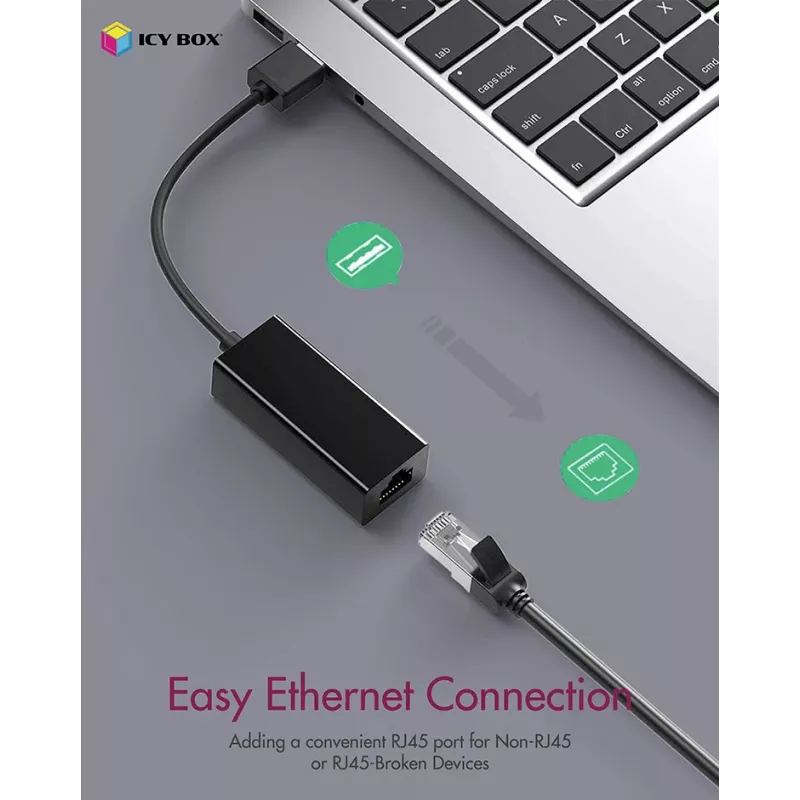 ICY BOX USB 3.0 Type-A a porta Ethernet RJ-45, con filo, USB, Ethernet, 1000 Mbit/s, nero