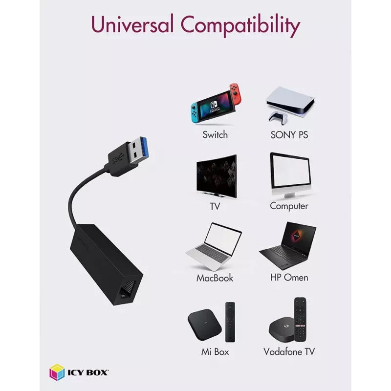 ICY BOX USB 3.0 Type-A a porta Ethernet RJ-45, con filo, USB, Ethernet, 1000 Mbit/s, nero