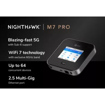 Router mobile Netgear Nighthawk M7 Pro – Tri-Band Wi-Fi 2,4/5/6 GHz, 5G Sub6, LTE, Gigabit Ethernet, USB-C, portatile, nero