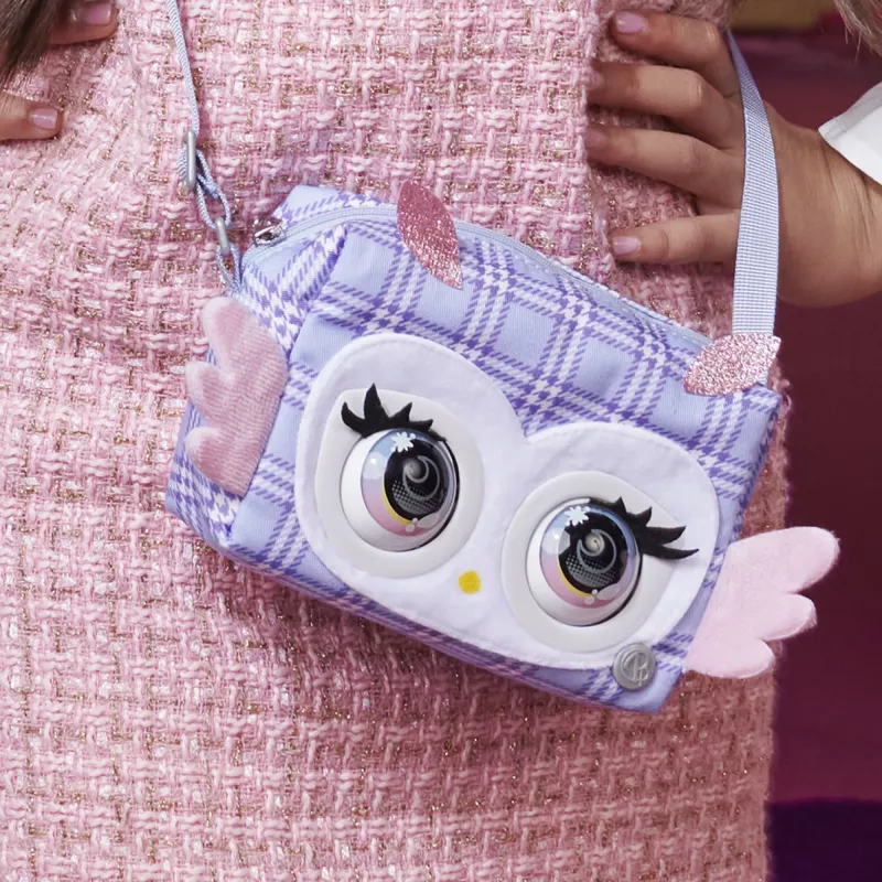 Purse Pets, Print Perfect Hoot Couture Owl, giocattolo interattivo e borsetta con oltre 30 suoni e reazioni, giocattolo per bambine dai 5 anni