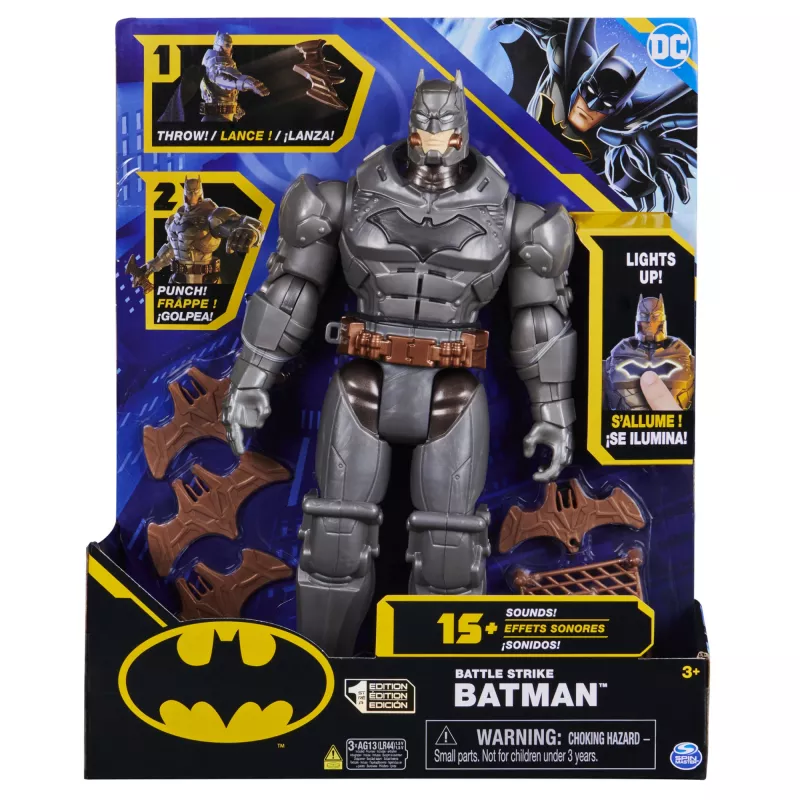 Spin Master Batman 30 cm Deluxe action figure con funzione colpo e lancio, 5 accessori, effetti luminosi e sonori, da 4 anni