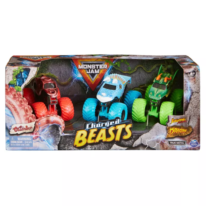 Monster Jam, Charged Beasts Set, ufficiale, Dragon, Octon8er, Jurassic Attack, monster truck in pressofusione scala 1:64, giocattolo per bambini e bambine dai 3 anni
