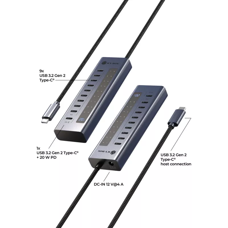 Hub USB icybox IB-HUB1450-C31 — 10 porte, USB 3.2