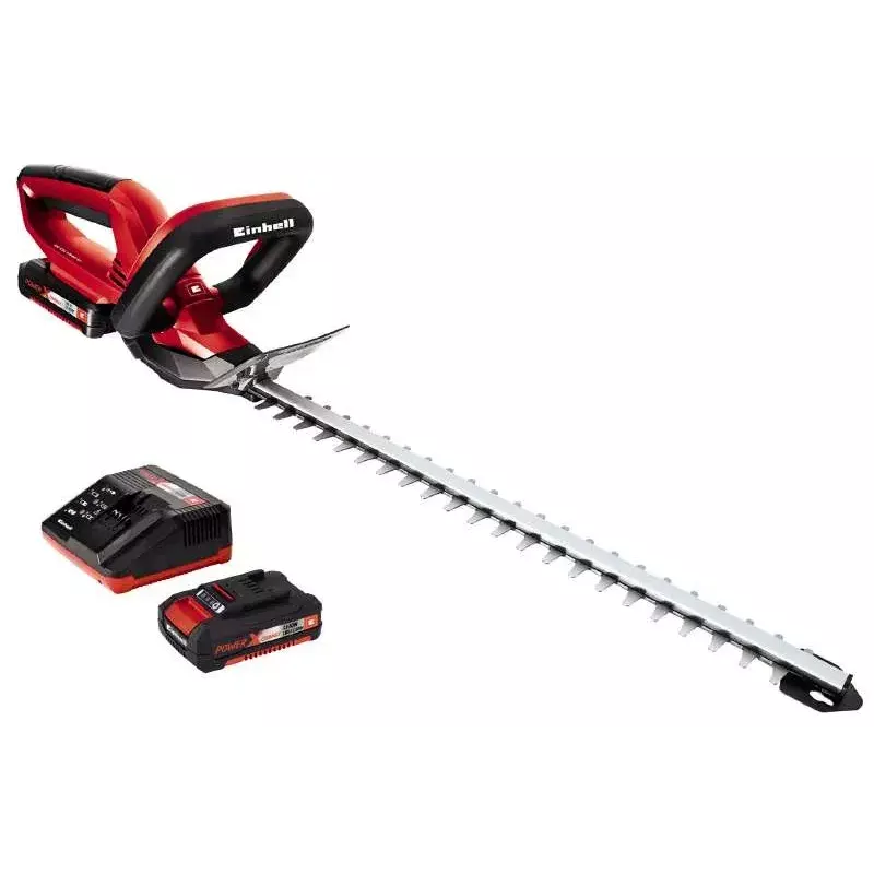 Einhell GE-CH 1846 Li Kit tagliasiepi a batteria, 18 V, batteria agli ioni di litio 2,0 Ah, doppia lama, lunghezza di taglio 52 cm, rosso/nero