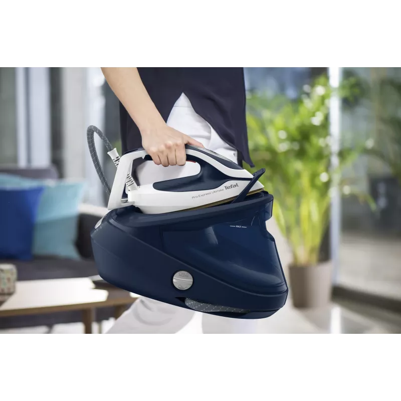 Tefal Pro Express Ultimate II GV9720 ferro da stiro con generatore di vapore, 3000 W, 1,2 l, piastra Durilium Airglide Autoclean Ultra Thin, blu/bianco