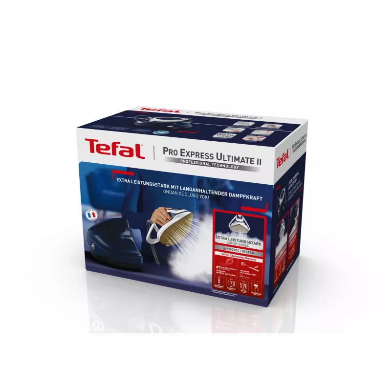 Tefal Pro Express Ultimate II GV9720 ferro da stiro con generatore di vapore, 3000 W, 1,2 l, piastra Durilium Airglide Autoclean Ultra Thin, blu/bianco