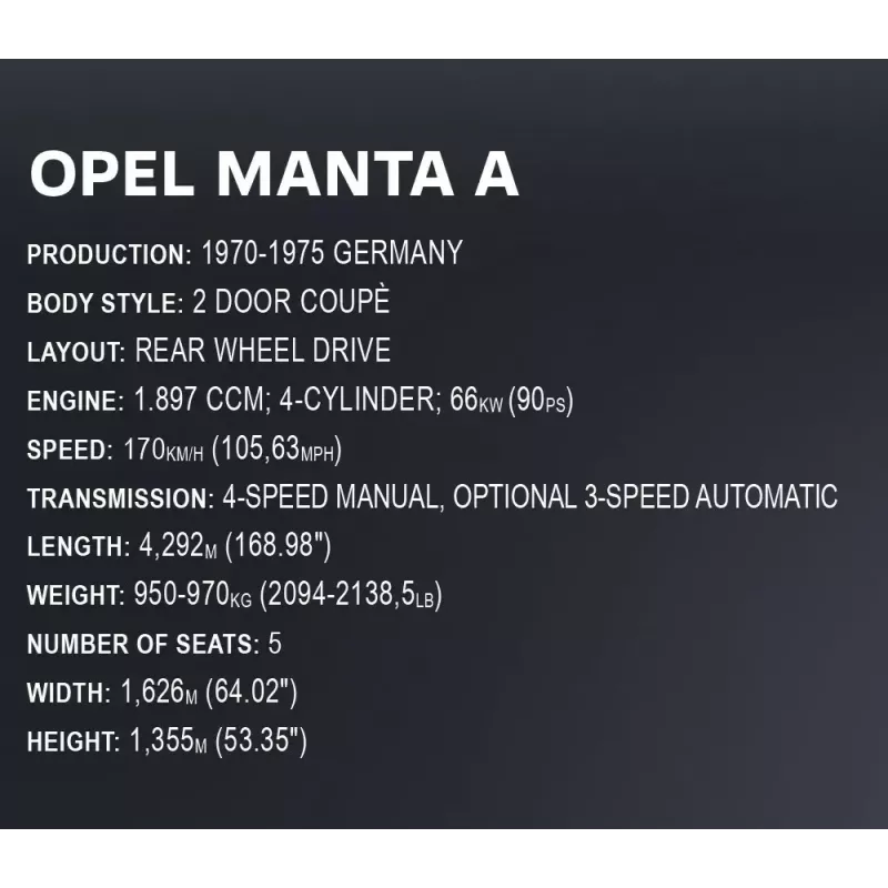 Giocattolo da costruzione Cobi Opel Manta A 1970 modello in scala 1:12, set di mattoncini