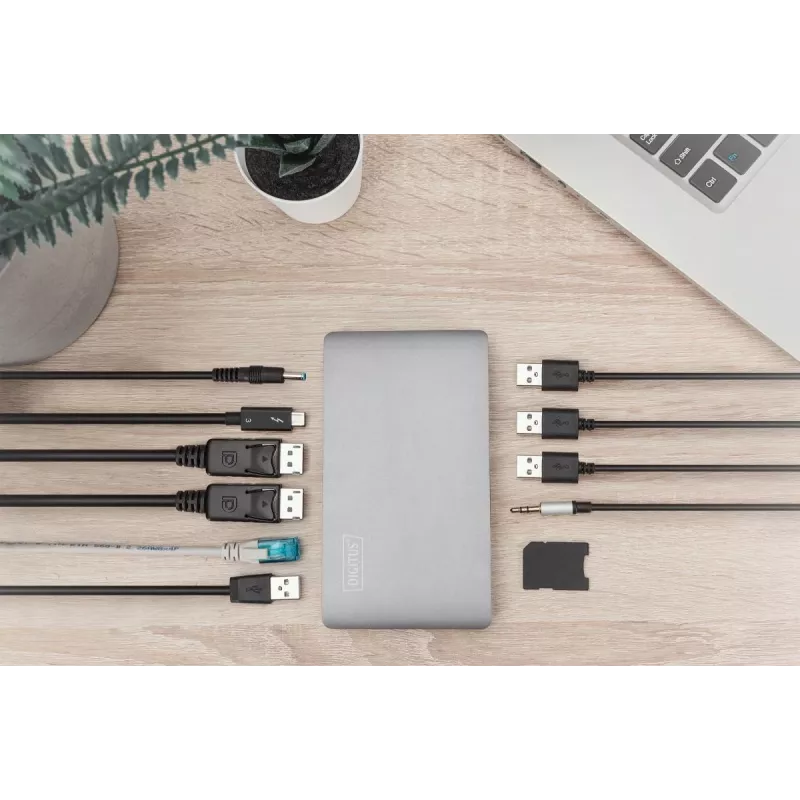 DIGITUS docking station USB-C – 2x USB Type-C / 2x USB 3.0 10 Gbit/s / USB 3.0 5 Gbit/s / 2x DP / GbE / Micro-SD / SD / 3,5 mm – 60 W USB Power Delivery