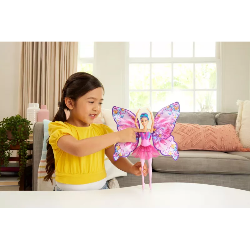 Bambola Barbie Dance and Flutter con trasformazione 2-in-1 da ballerina a farfalla, capelli viola