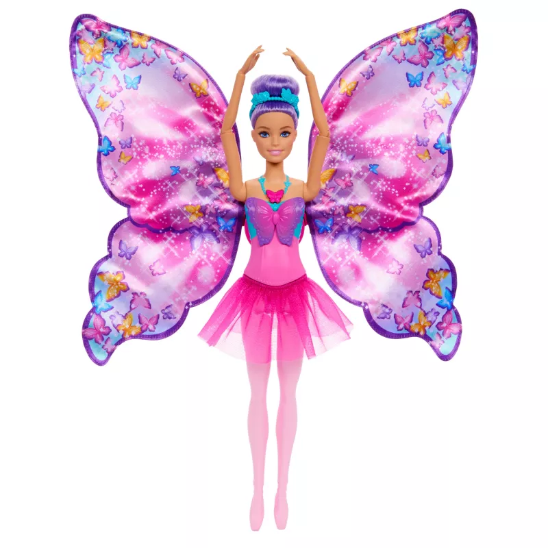 Bambola Barbie Dance and Flutter con trasformazione 2-in-1 da ballerina a farfalla, capelli viola