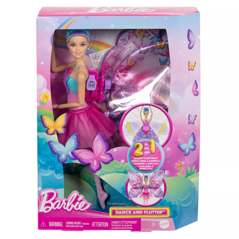 Bambola Barbie Dance and Flutter con trasformazione 2-in-1 da ballerina a farfalla, capelli viola