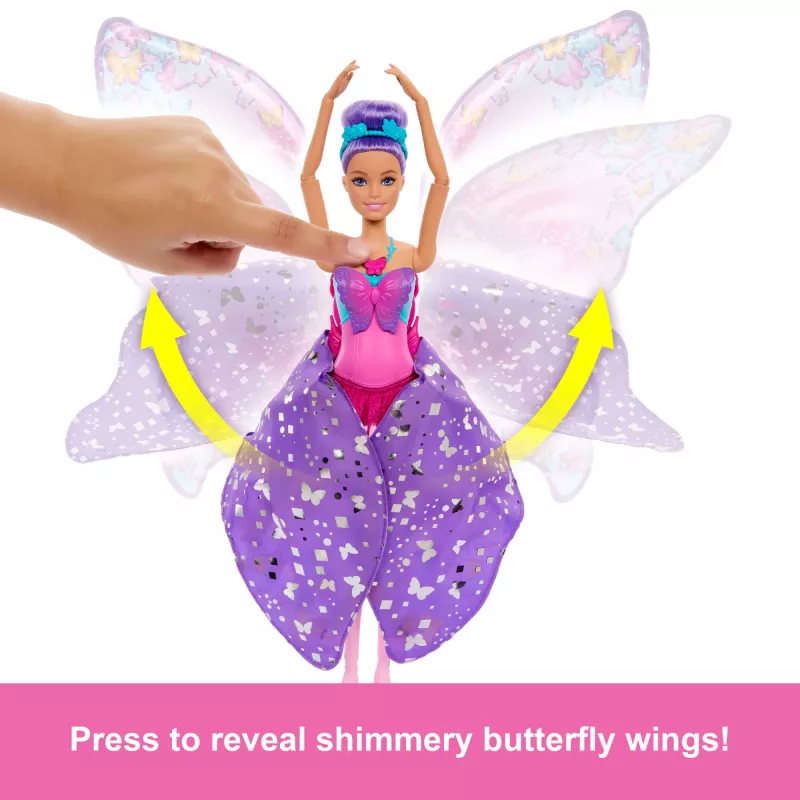 Bambola Barbie Dance and Flutter con trasformazione 2-in-1 da ballerina a farfalla, capelli viola