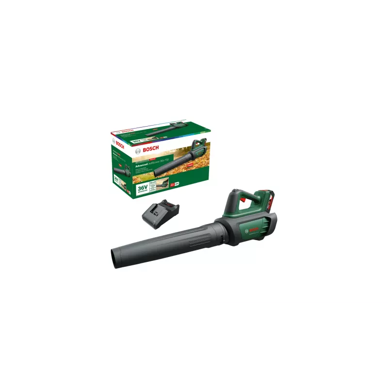 Bosch AdvancedLeafBlower 36V-750 soffiatore a batteria, 36 V, 1x 2,0 Ah, caricabatterie, 750 m³/h, 100-200 km/h, brushless, 3,5 kg, verde/nero
