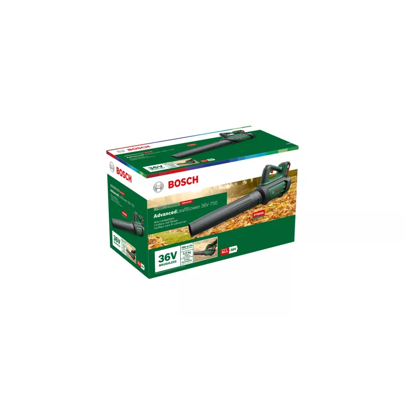 Bosch AdvancedLeafBlower 36V-750 soffiatore a batteria, 36 V, 1x 2,0 Ah, caricabatterie, 750 m³/h, 100-200 km/h, brushless, 3,5 kg, verde/nero