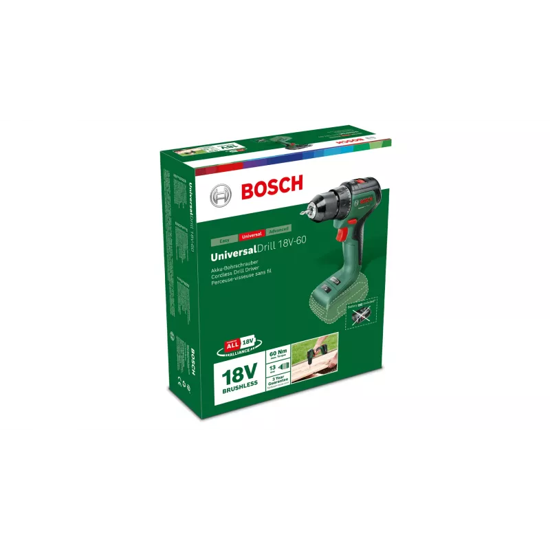 Bosch UniversalDrill 18V-60 trapano avvitatore a batteria, 18 V, 60 Nm, 1900 giri/min, a 2 velocità, senza batteria, verde/nero
