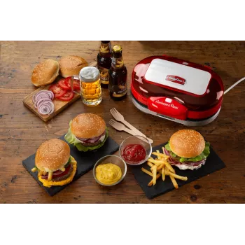Ariete 205 Hamburger Maker Party Time, macchina per hamburger, 1200 W, doppie piastre antiaderenti, 2 scomparti, facile da pulire, rosso