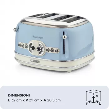 Ariete 156 tostapane Vintage 4 fette, 1600 Watt, 6 livelli di doratura, acciaio inox verniciato in azzurro pastello, senza cestini per sandwich. Blu