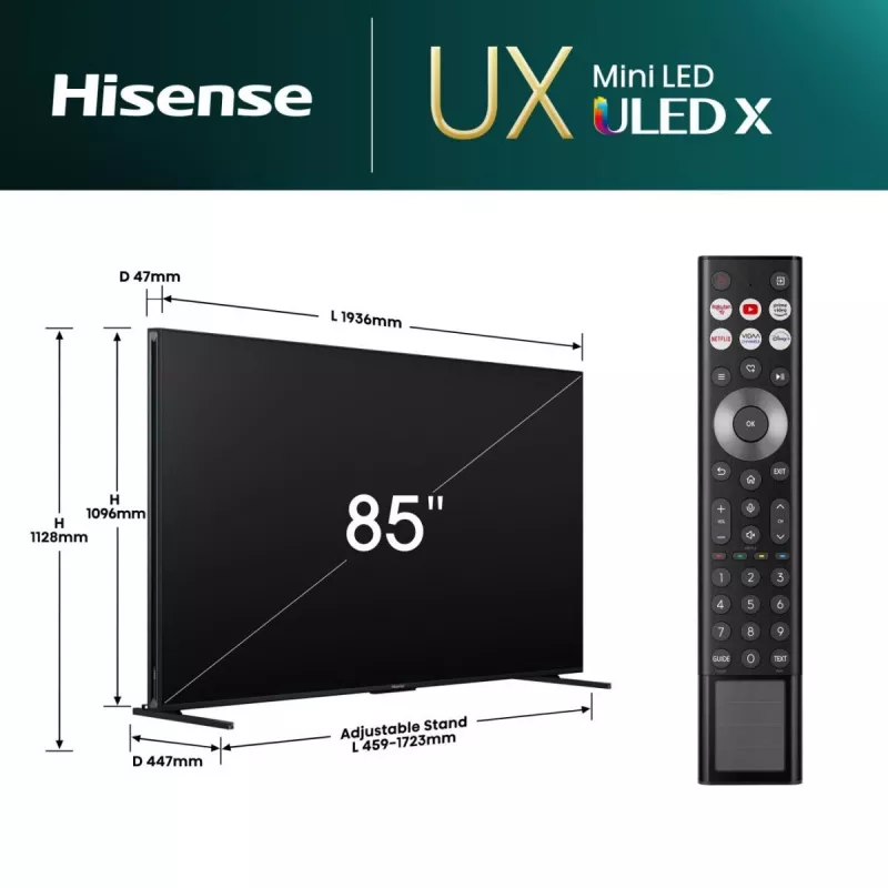 Hisense 85UXNQ TV QLED 4K Ultra HD da 215 cm (85 pollici), 120 Hz, AMD FreeSync, triplo sintonizzatore, nero