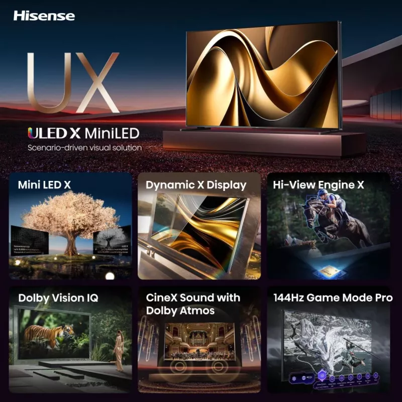 Hisense 85UXNQ TV QLED 4K Ultra HD da 215 cm (85 pollici), 120 Hz, AMD FreeSync, triplo sintonizzatore, nero