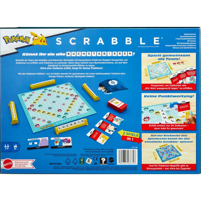 Gioco da tavolo Scrabble Pokémon, classico gioco per famiglie con due varianti di gioco per 2-4 giocatori, edizione tedesca