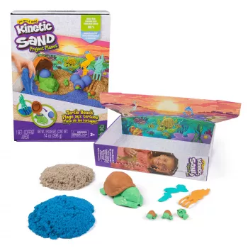 Kinetic Sand, Project Planet Turtle Beach con 397g di sabbia da gioco, strumenti e stampi, materiali sostenibili ed ecologici, giocattolo sensoriale per bambini
