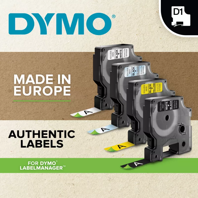 Etichette DYMO D1 autentiche | Stampa bianca su nastro nero | 19 mm x 7 m | Etichette autoadesive per etichettatrici LabelManager | Prodotto in Europa