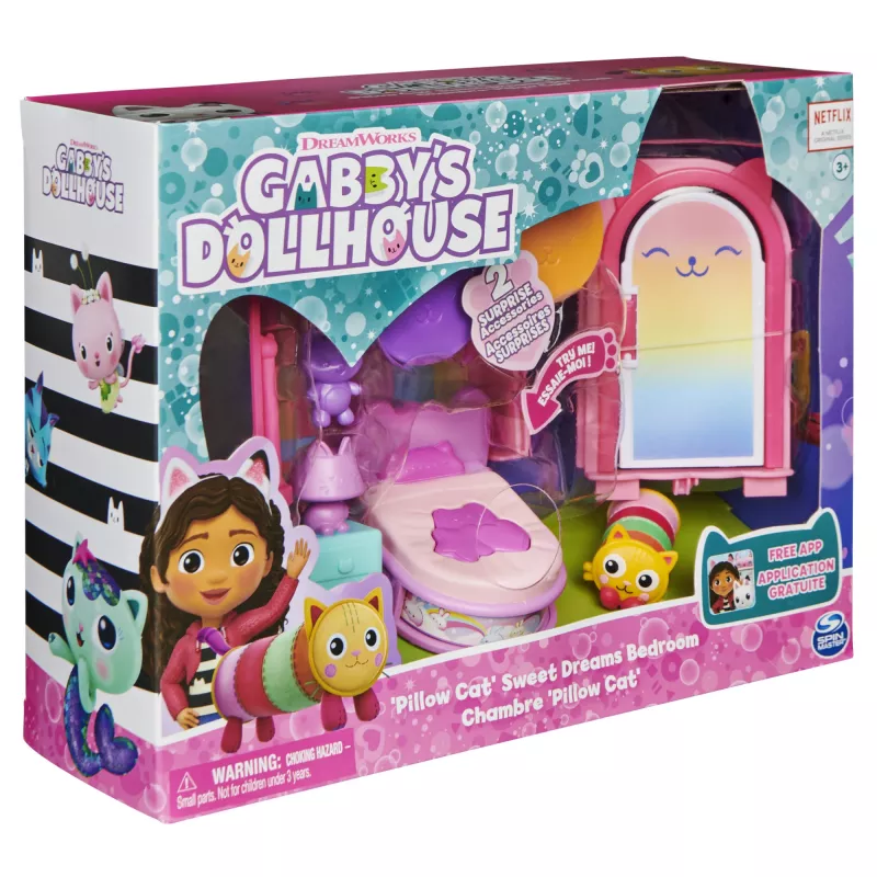 Gabby's Dollhouse, camera da letto Dolci Sogni con figura Pillow Cat e 3 accessori, 3 mobili e 2 consegne, giocattolo per bambini dai 3 anni