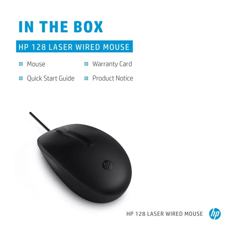 HP 128 mouse con filo laser, ambidestro, laser, USB Type-A, 1200 DPI, nero