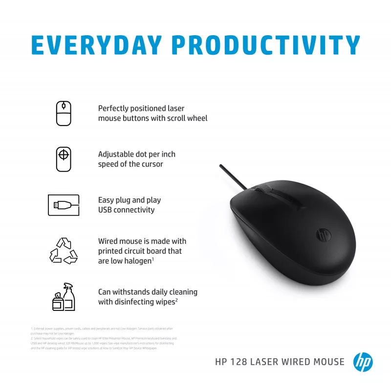 HP 128 mouse con filo laser, ambidestro, laser, USB Type-A, 1200 DPI, nero