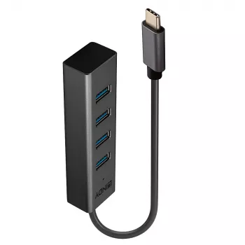 Lindy Hub USB 3.2 Type-C a 4 porte, USB 3.2 Gen 1 (3.1 Gen 1) Type-C, USB 3.2 Gen 1 (3.1 Gen 1) Type-A, 5000 Mbit/s, grigio, alluminio, plastica, 0,3 m