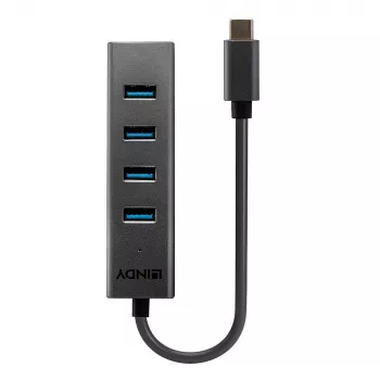 Lindy Hub USB 3.2 Type-C a 4 porte, USB 3.2 Gen 1 (3.1 Gen 1) Type-C, USB 3.2 Gen 1 (3.1 Gen 1) Type-A, 5000 Mbit/s, grigio, alluminio, plastica, 0,3 m