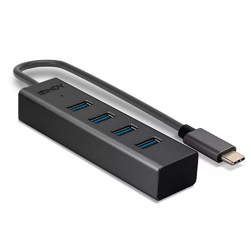 Lindy 43325 hub USB 3.2 Gen 1 Type-C a 4 porte, 4x USB-A, 5 Gbps, grigio, alluminio/plastica